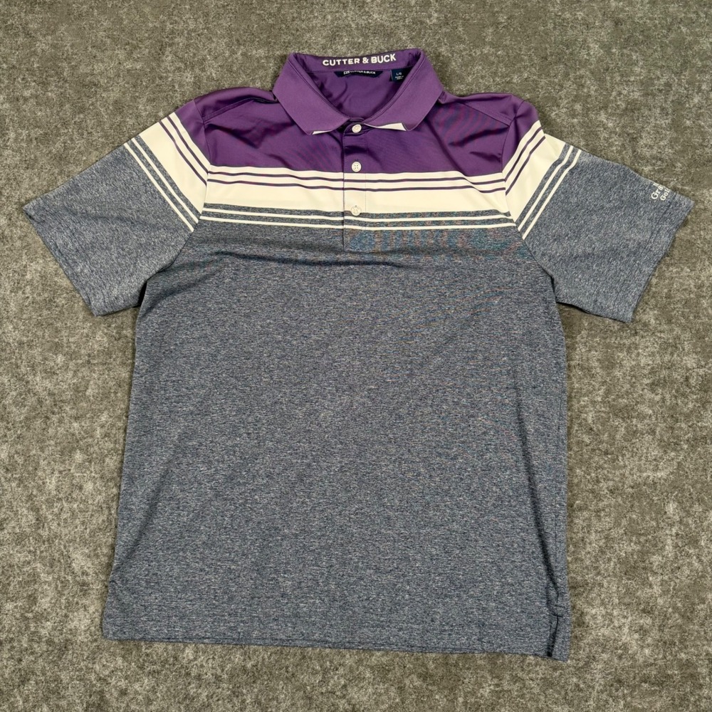 Cutter & Buck Polo Shirt Mens Large Purple Navy Striped Short Sleeve Golf Active